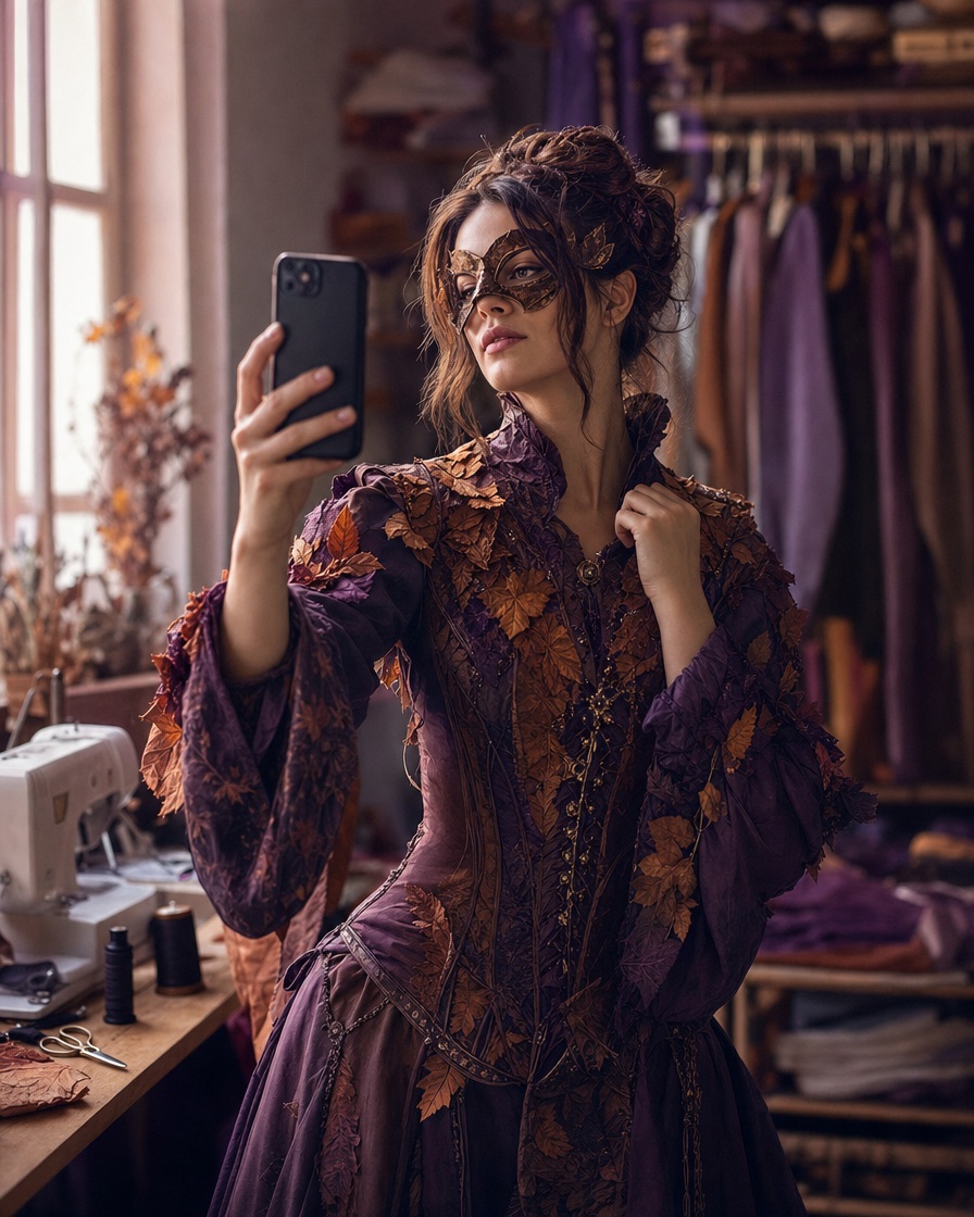 Een fictieve volwassene die een origineel Halloweenkostuum past in een warme studio terwijl hij een telefoon controleert