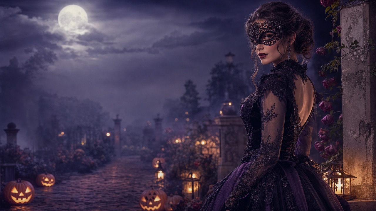 Een fictieve volwassene in een origineel gotisch Halloweenkostuum, staand in een maanverlichte tuin met pompoenen en mist