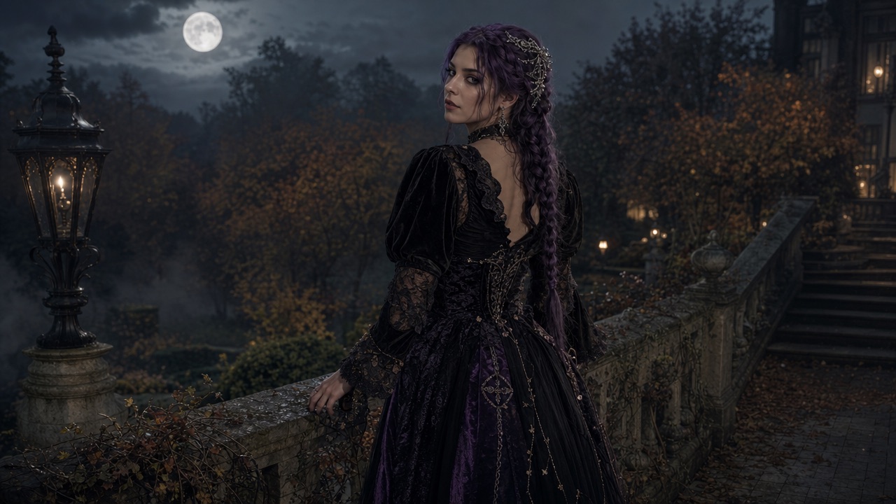 Een fictief volwassen persoon met lange violette vlechten en een zwart fluwelen gothic kostuum in een maanverlichte tuin