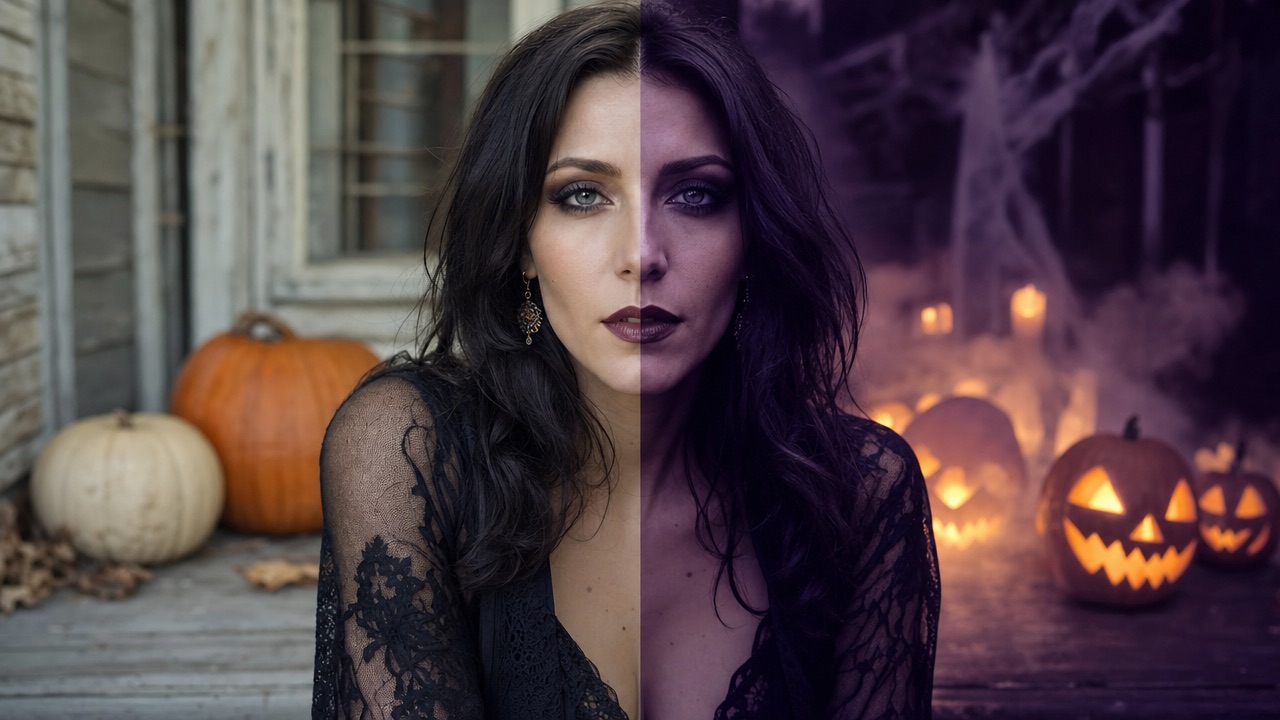 A before and after Halloween portrait with neutral light on one side and violet shadows with pumpkin glow on the other
