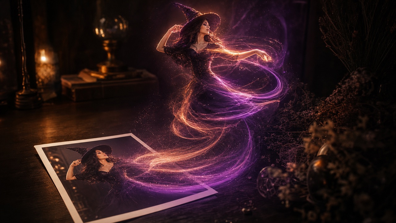 A printed Halloween portrait dissolving into glowing motion trails that form a dancing silhouette