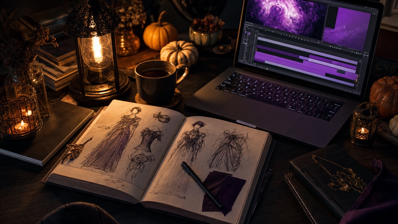 A dark desk with costume sketches, a laptop showing an abstract purple video timeline and small pumpkins