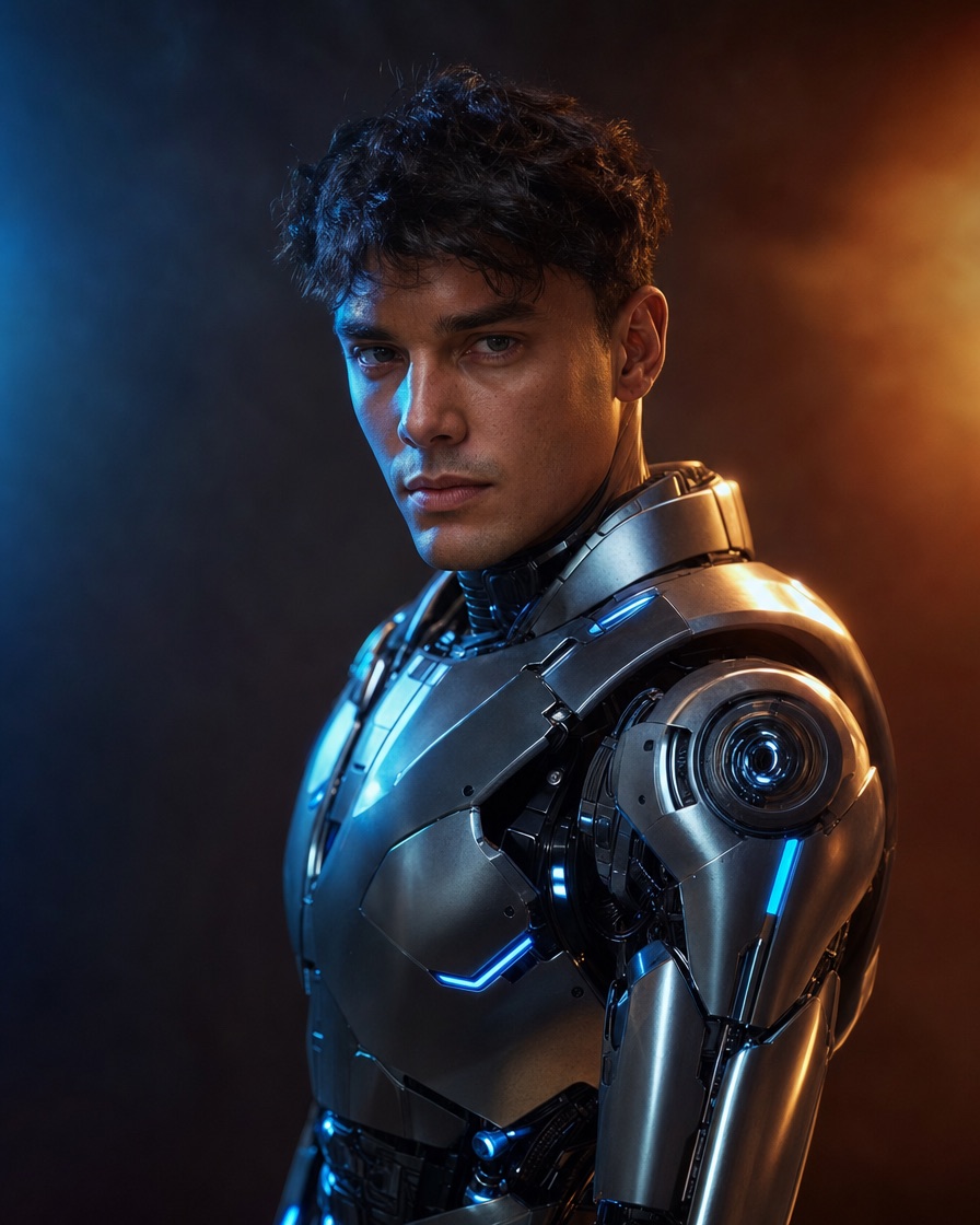 Een fictieve volwassene in een draagbaar robotkostuum met metallic panelen en blauwe LED-accenten in een donkere studio